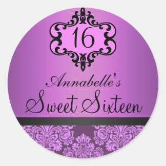 Redondo Adesivo Elegante Roxo Chic Damask Sweet 16