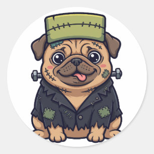 Redondo Adesivo engraçado de Halloween do Pug de Frankenst
