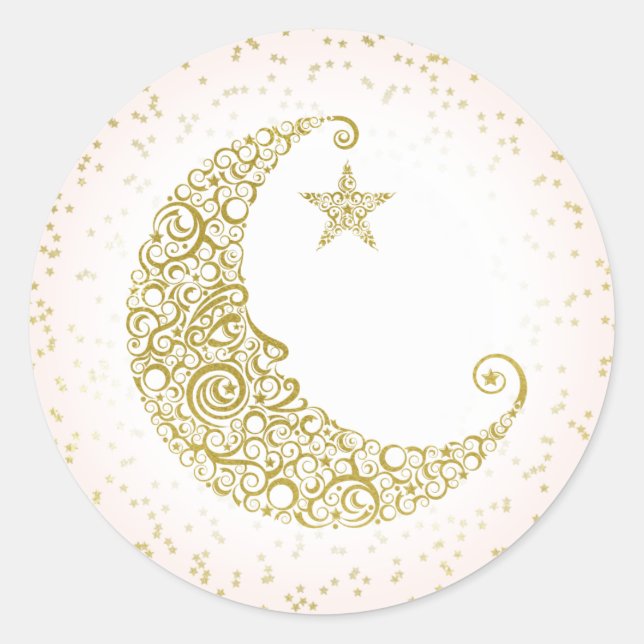 Redondo Adesivo Estrela Pequena Brilhante Lua Dourada Rosa (Frente)