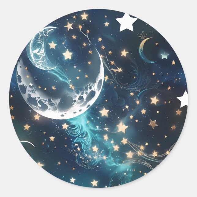 Redondo Adesivo - Fases da Lua Azul Gélido Celestial Desi (Frente)