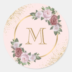 Redondo Adesivo Floral Confeti Monograma Dourado Rosa