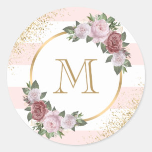 Redondo Adesivo Floral Rosa Bege Dourado Monograma