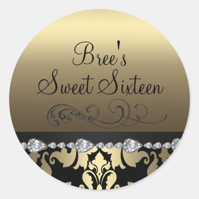 Redondo Adesivo Gold Damask & Diamond Sweet 16 (Frente)