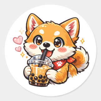 Redondo Adesivo Kawaii Anime Shiba Inu Bebendo Chá com Bol