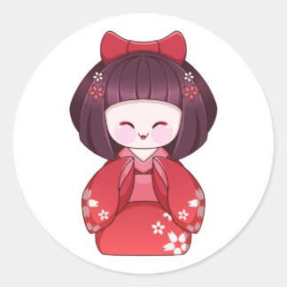 Redondo Adesivo Kokeshi Doll Kimono Sakura Japonês Fofo