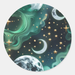 Redondo Adesivo - Lua Mística Celestial Verde Esmeralda