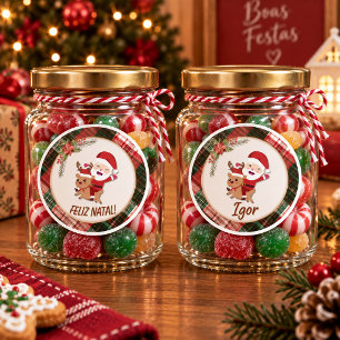 Redondo Adesivo Natal Cute Papai Noel e Rena Feliz Natal