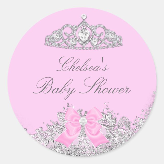 Redondo Adesivo para Chá de Bebê Pink Tiara & Bow (Frente)