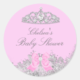 Redondo Adesivo para Chá de Bebê Pink Tiara & Bow