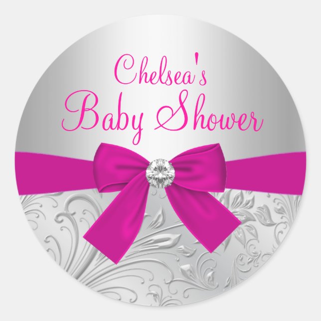 Redondo Adesivo para Chá de Bebê Silver Swirl & Bow (Frente)