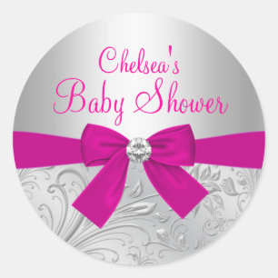 Redondo Adesivo para Chá de Bebê Silver Swirl & Bow