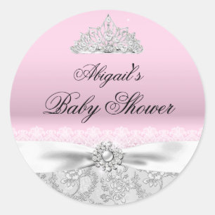 Redondo Adesivo para Chá de Bebê Tiara Princesa Rosa & Laç