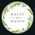 Redondo Adesivo Personalizado de Coroa de Folhas de Olivei<br><div class="desc">Lindos azeites em aquarela e ramos verdes,  adesivo personalizado. Projetado para combinar com nossa coleção Tuscan Olive Greenery.</div>