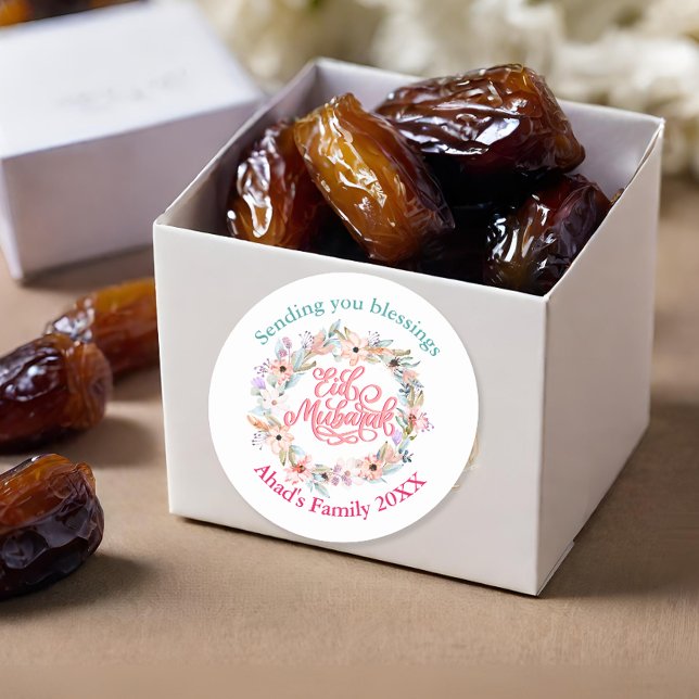 Redondo Adesivo Personalizado de Eid Mubarak Floral Mínimo (Criador carregado)