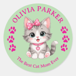 Redondo Adesivo Personalizado de Gata Mãe com Nome Persona