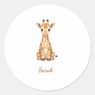 Redondo Adesivo Personalizado de Girafa Bebê em Aquarela F
