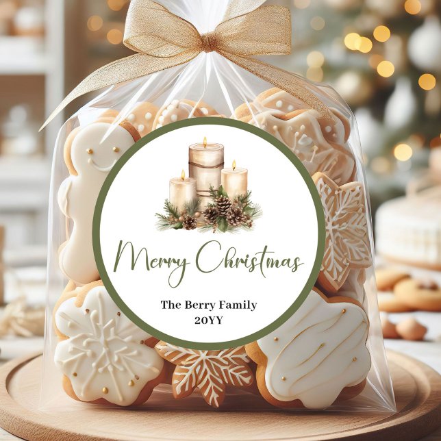 Redondo Adesivo Personalizado de Natal Boho Neutro com Nom (Boho Neutral Christmas Custom Family Name Sticker

)