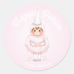 Redondo Adesivo Personalizado de Purim – Algodão Doce Rosa