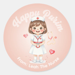 Redondo Adesivo Personalizado de Purim – Tema Enfermeira