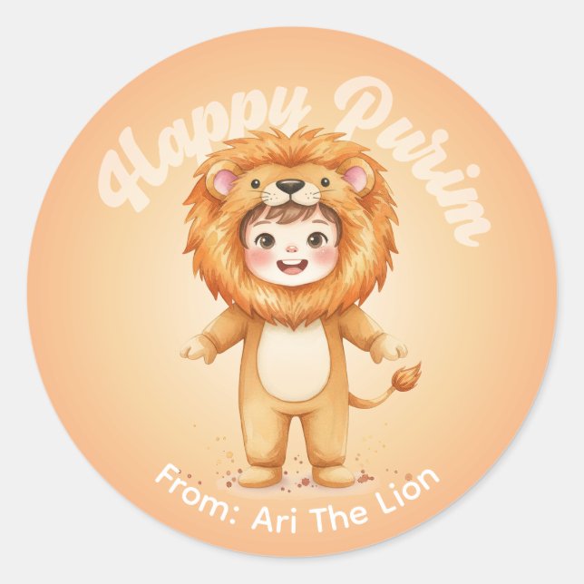 Redondo Adesivo Personalizado de Purim – Tema Leão (Frente)
