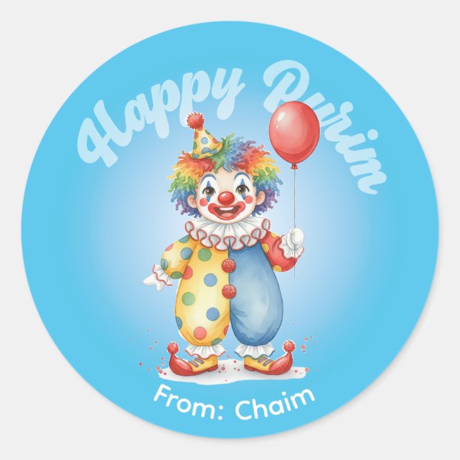 Redondo Adesivo Personalizado de Purim - Tema Palhaço (Frente)