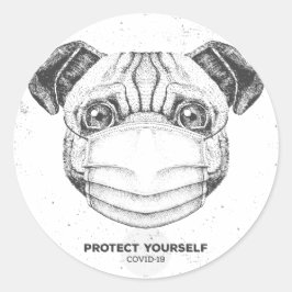 REDONDO ADESIVO PERSONALIZÁVEL DE PUG COM MÁSCARA COVID-19