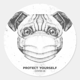 REDONDO ADESIVO PERSONALIZÁVEL DE PUG COM MÁSCARA COVID-19