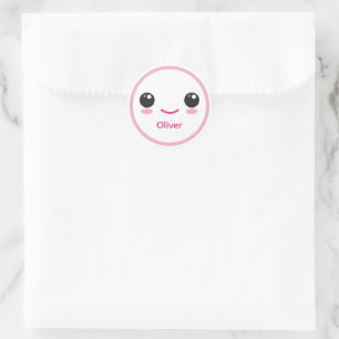 Redondo Adesivo Personalizável Rosa Sorriso Feliz Kawaii F