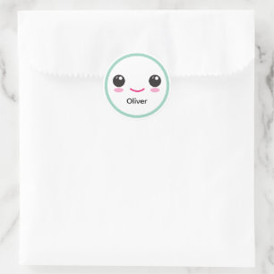 Redondo Adesivo Personalizável Sorriso Feliz Kawaii Azul T