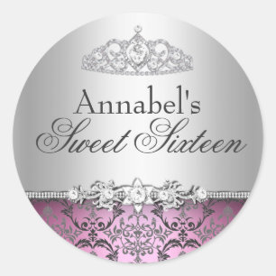 Redondo Adesivo Pretty Pink & Silver Damask Sweet 16