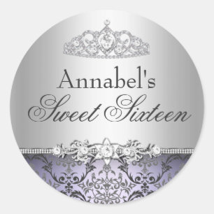 Redondo Adesivo Pretty Purple & Silver Damask Sweet 16