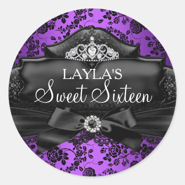 Redondo Adesivo Pretty Tiara & Bow Roxo Sweet 16 (Frente)