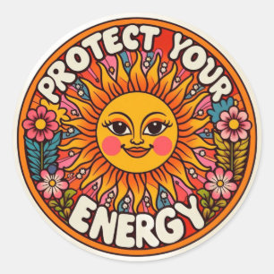 Redondo Adesivo Proteger Sua Energia Sol & Flores Retro - 