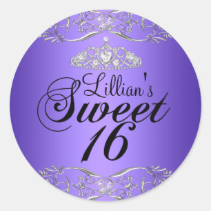 Redondo Adesivo Purple Black Damask & Tiara Sweet 16