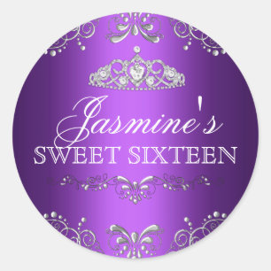 Redondo Adesivo Purple Silver Damask & Tiara Sweet 16