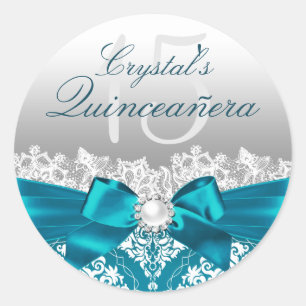 Redondo Adesivo Quinceanera com Cetim Teal e Pérola