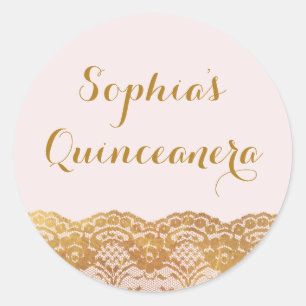 Redondo Adesivo Quinceanera com Renda Dourada Rosa