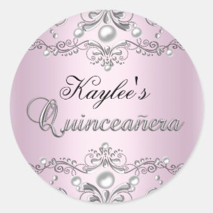 Redondo Adesivo Quinceanera Damask Pearl Prata e Rosa