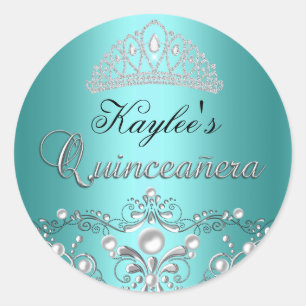 Redondo Adesivo Quinceanera Damask Pérola Prata e Azul Tur