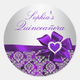 Redondo Adesivo Quinceanera Damask Roxo e Prata