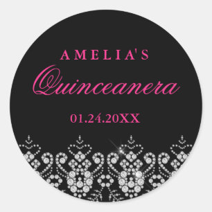 Redondo Adesivo Quinceanera Sparkle Jewel Preto Rosa Quent