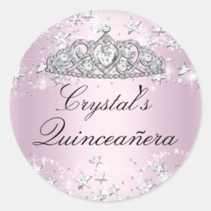 Redondo Adesivo Quinceanera Tiara Brilho Rosa Estrelas