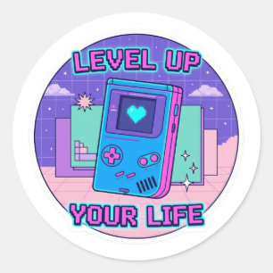 Redondo Adesivo Retro Gamer Level Up - Desenho Arte Pixel 