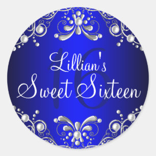 Redondo Adesivo Royal Blue Silver Pearl Damask Sweet 16