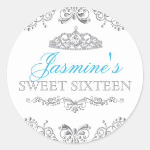 Redondo Adesivo Silver White Damask & Tiara Sweet 16