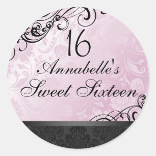 Redondo Adesivo Sweet16 Floral Damasco Rosa e Preto Chic