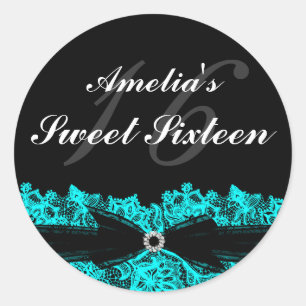 Redondo Adesivo Sweet 16 de renda azul-turquesa e preto