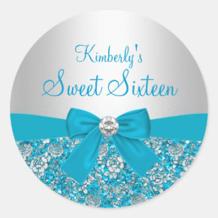 Redondo Adesivo Sweet Sixteen com Brilho Azul e Laço