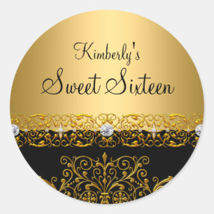 Redondo Adesivo Sweet Sixteen dourado e preto em damasco
