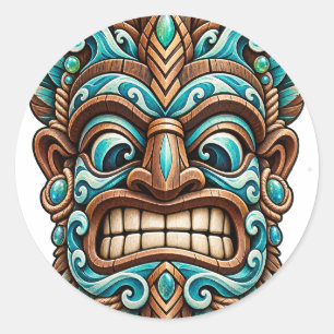 Redondo Adesivo Tiki Guardião Talhado em Azul Turquesa